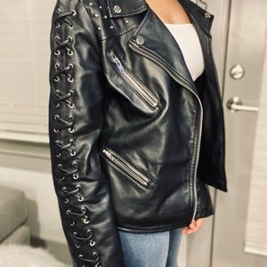 Members Only Faux Leather Lace Sleeve Moto Jacket